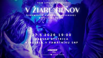 Modrý plagát Premietania filmu V žiare tieňov s dátumami a miestom konania